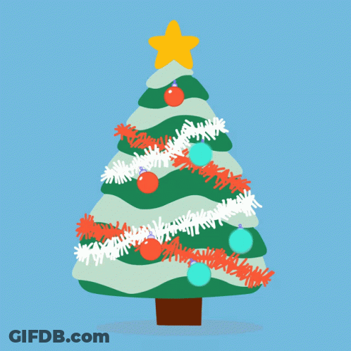 A Christmas Tree With Red And Green Ornaments And A Star On Top GIF