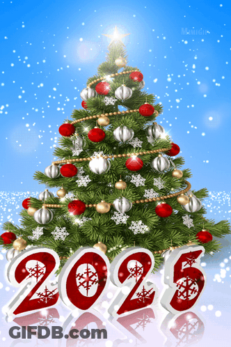 A Christmas Tree With Red And Silver Ornaments And The Year 2025 GIF