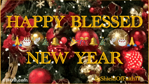 A Christmas Tree With The Words Happy Blessed New Year GIF