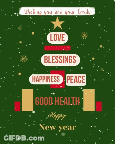 A Christmas Tree With The Words Love Blessings Happiness Peace And Good Health GIF