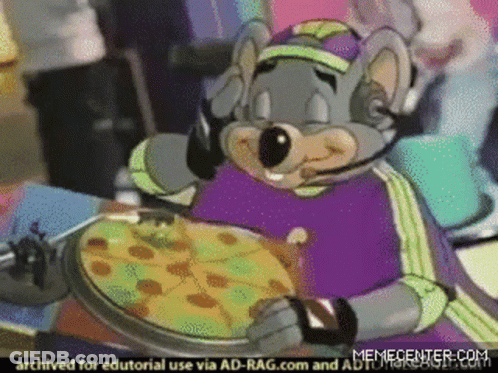 A Chuck E Cheese Mouse Is Eating A Pizza With A Fork GIF