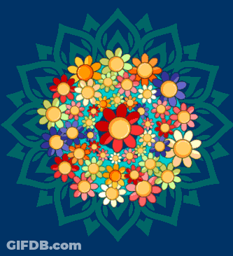 A Circle Of Colorful Flowers On A Dark Blue Background GIF