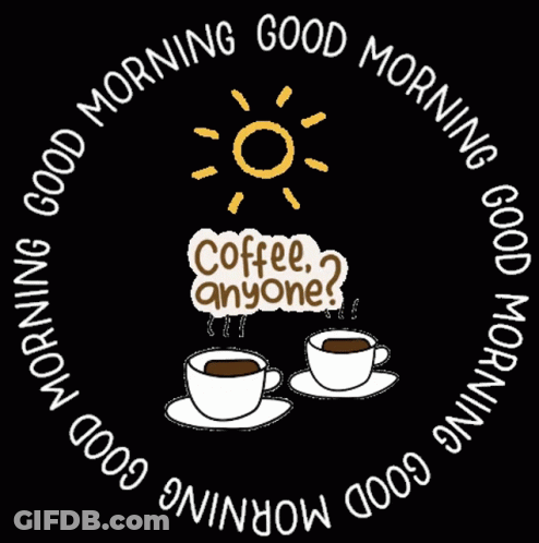 A Circle With Two Cups Of Coffee And The Words " Coffee Anyone " GIF