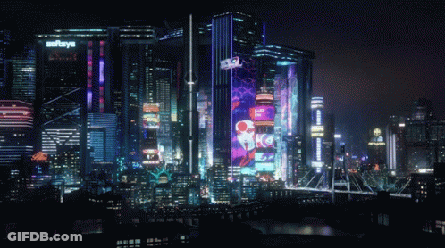 A City At Night With A Sign That Says Sofrays GIF