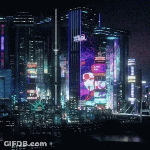 A City Skyline At Night With A Bottle Of Vodka On One Of The Tall Buildings GIF