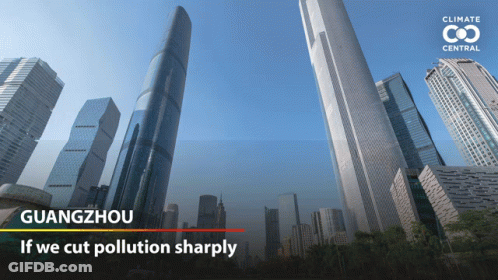 A City Skyline With The Words " If We Cut Pollution Sharply " At The Bottom GIF