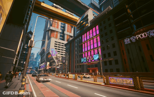 A City Street With A Sign That Says " Hotel " On It GIF