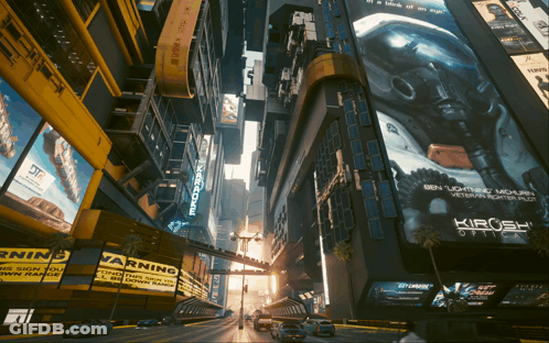 A City Street With A Warning Sign In The Middle Of It GIF