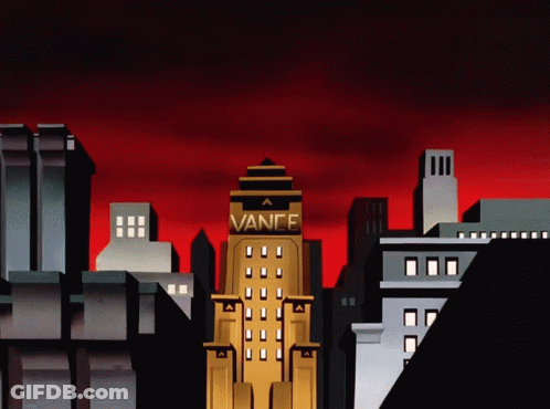 A Cityscape With A Building That Says Vance On It GIF