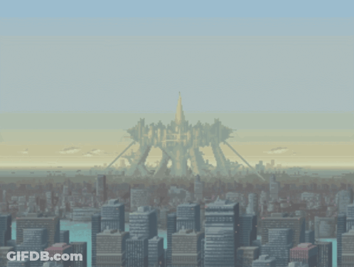 A Cityscape With A Large Building In The Distance GIF