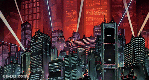 A Cityscape With A Lot Of Buildings And A Few Lights Coming Out Of Them GIF