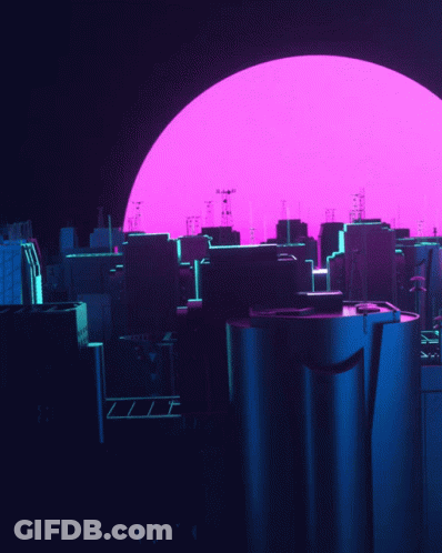 A Cityscape With A Purple And Blue Sky And A Large Circle In The Middle GIF