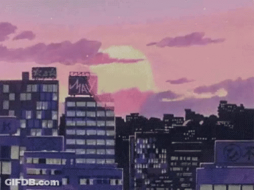 A Cityscape With A Purple Sky And A Full Moon In The Background GIF