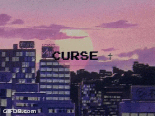 A Cityscape With The Words Curse Written In Purple GIF
