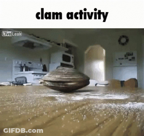 A Clam Is Sitting On Top Of A Wooden Table With The Words Clam Activity Above It GIF