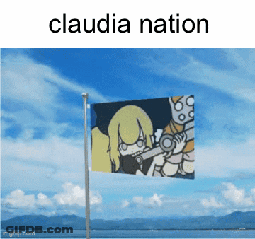 A Claudia Nation Flag With A Picture Of A Girl Holding A Sword GIF