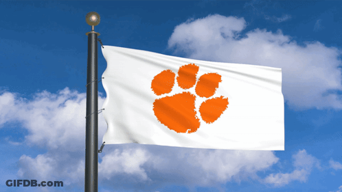 A Clemson Flag Is Flying In The Wind Against A Blue Sky GIF
