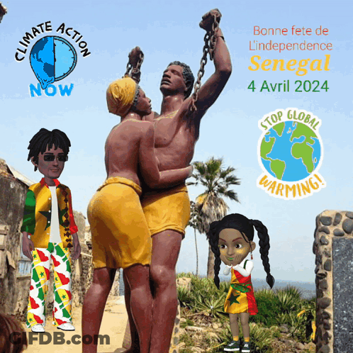 A Climate Action Now Poster With A Statue Of Two Men Chained To Each Other GIF