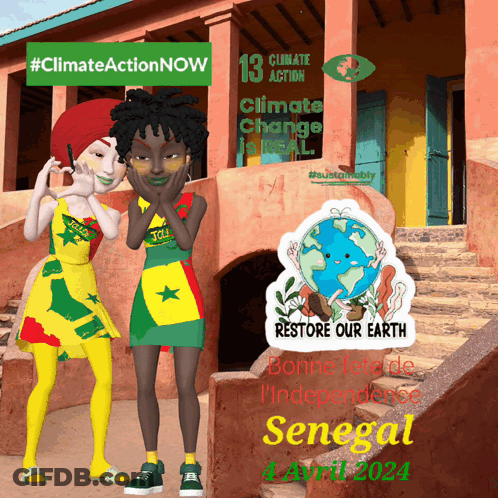A Climate Action Now Poster With Two Girls And A Sticker That Says Restore Our Earth GIF