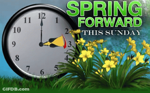 A Clock And Flowers With The Words Spring Forward This Sunday GIF