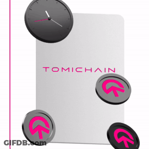 A Clock And Some Coins Are On A Tomichain Sign GIF