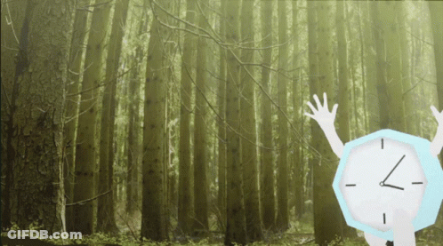 A Clock In The Middle Of A Forest With The Hands On The Numbers 7 And 6 GIF