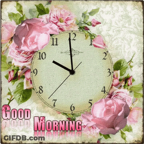 A Clock Is Surrounded By Pink Flowers And The Words Good Morning GIF