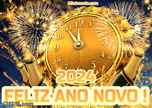 A Clock That Says Feliz Ano Novo Is Surrounded By Champagne Bottles GIF