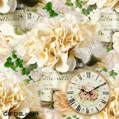 A Clock With Roman Numerals Is Surrounded By Flowers And A Bottle That Says " Savon Aquis " GIF