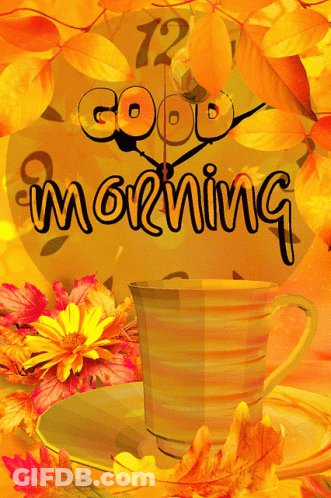 A Clock With The Words Good Morning On It And A Cup Of Coffee GIF