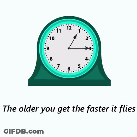 A Clock With The Words The Older You Get The Faster It Flies Below It GIF