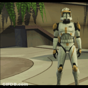 A Clone Trooper In A Video Game Is Standing In A Courtyard GIF