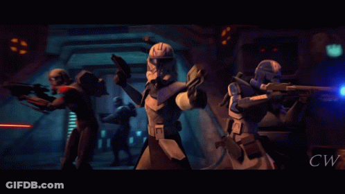 A Clone Trooper Is Holding A Lightsaber And A Gun In His Hands GIF