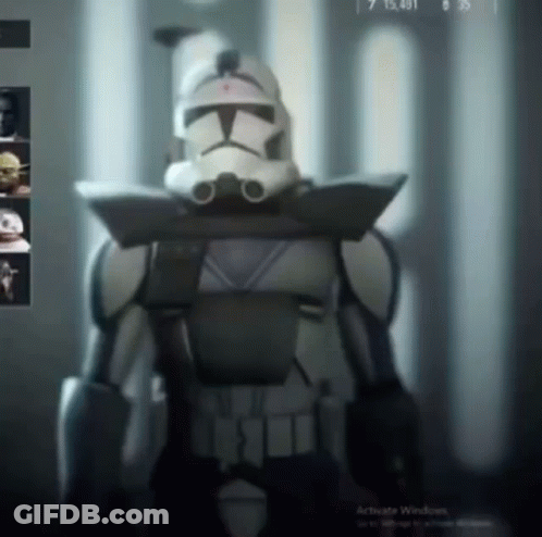 A Clone Trooper Is Standing In Front Of A Window That Says " Activate Windows " GIF