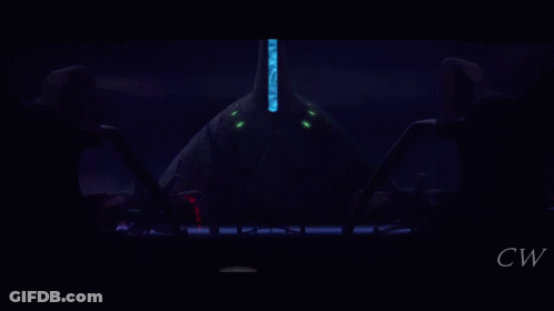 A Clone Trooper Stands In Front Of A City Skyline With The Letters Cw On The Bottom GIF