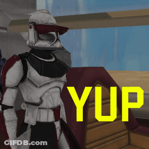 A Clone Trooper Stands In Front Of A Yellow Yup Sign GIF