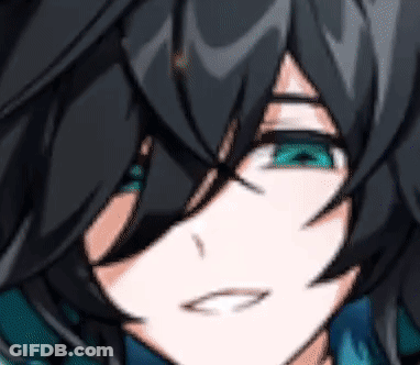 A Close Up Of A Anime Character 'S Face With Blue Eyes And Black Hair . GIF