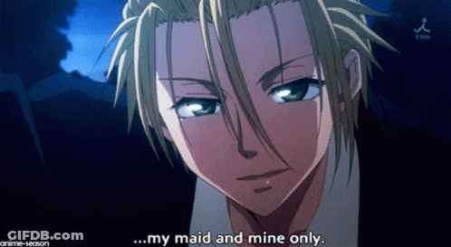 A Close Up Of A Anime Character With The Words " My Maid And Mine Only " On The Bottom GIF