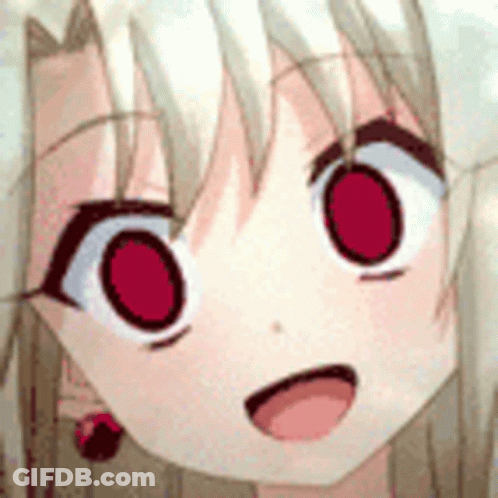 A Close Up Of A Anime Girl 'S Face With Red Eyes And A Surprised Look On Her Face . GIF
