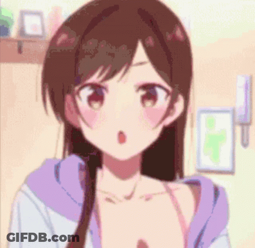 A Close Up Of A Anime Girl Wearing A Purple Hoodie And A Bra . GIF