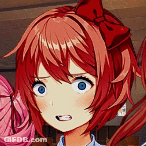 A Close Up Of A Anime Girl With Red Hair And Blue Eyes Making A Surprised Face . GIF