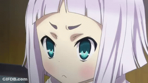 A Close Up Of A Anime Girl With White Hair And Blue Eyes Making A Funny Face . GIF
