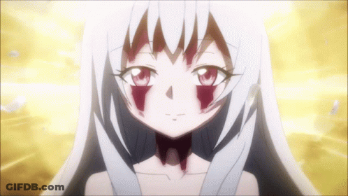 A Close Up Of A Anime Girl With White Hair And Red Spots On Her Face GIF