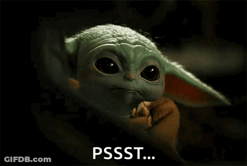 A Close Up Of A Baby Yoda With The Words Pssst Written On The Bottom Of It . GIF