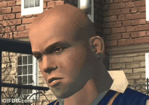 A Close Up Of A Bald Man 'S Face With A Brick Wall In The Background GIF