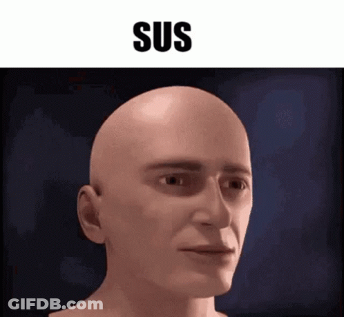 A Close Up Of A Bald Man 'S Face With The Word Sus Written Above Him . GIF