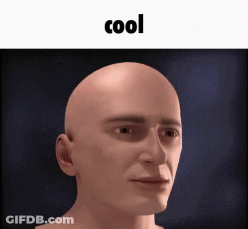 A Close Up Of A Bald Man 'S Face With The Words `` Cool '' Written Above It . GIF