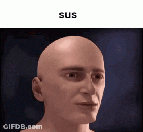 A Close Up Of A Bald Man 'S Face With The Words `` Sus '' Written Above It . GIF
