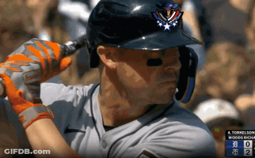 A Close Up Of A Baseball Player Wearing A Helmet And Gloves GIF