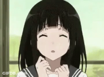 A Close Up Of A Black Haired Anime Girl With Her Eyes Closed And A Surprised Look On Her Face . GIF